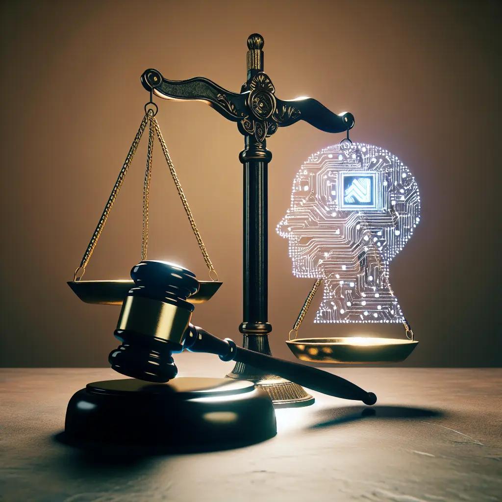 A Gavel and Scales of Justice with Digital Overlays Representing AI