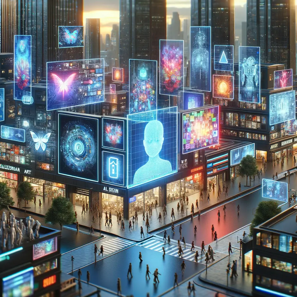 Futuristic cityscape with digital AI content