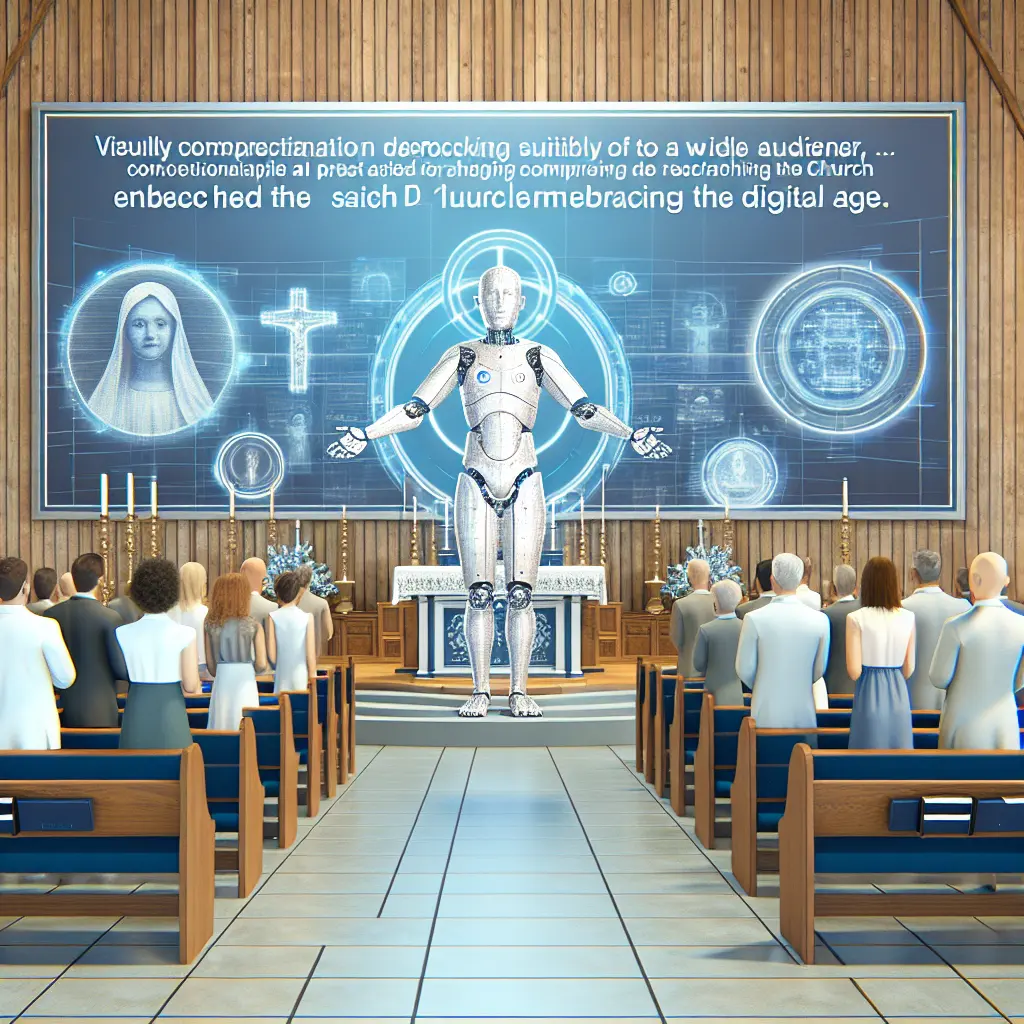 An AI Priest standing in front of a digital church altar