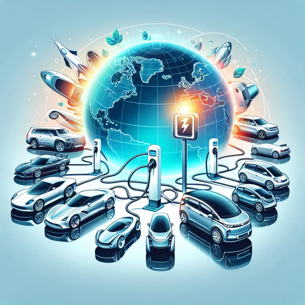 Illustration of electric vehicles from leading companies positioned around a charging station globe