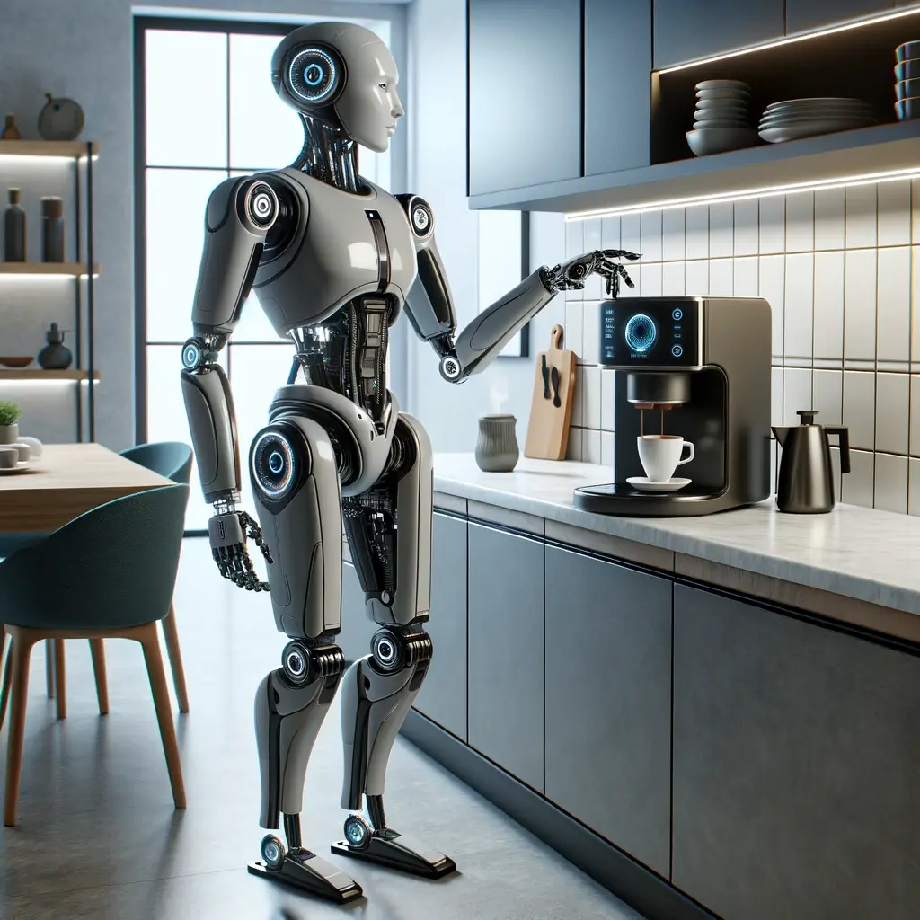 Figure 01 Robot making a cup of coffee in a modern kitchen