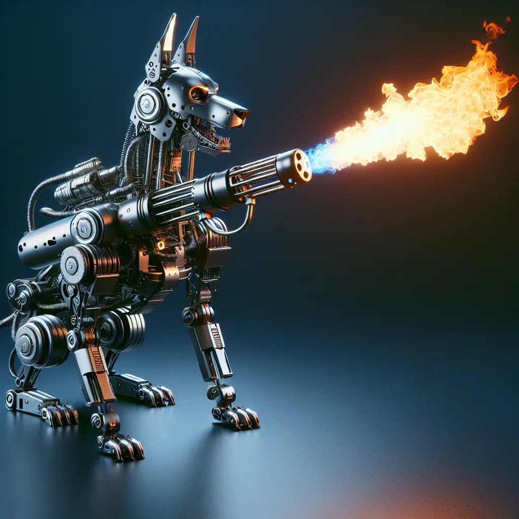 Thermonator, the flame-throwing robot dog standing ready
