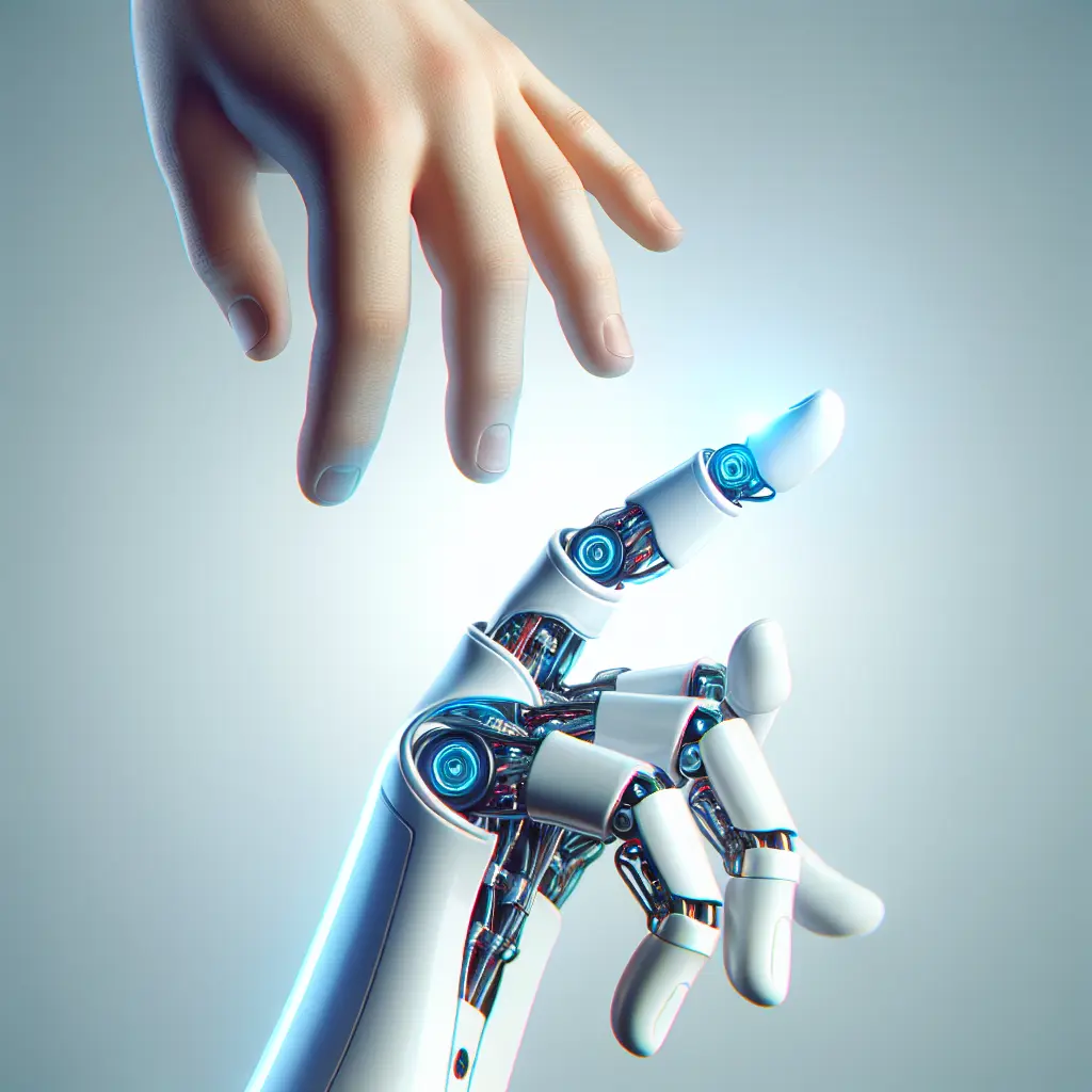 A humanoid robot hand reaching out juxtaposed with a human hand, symbolizing the complexities of human-robot interaction