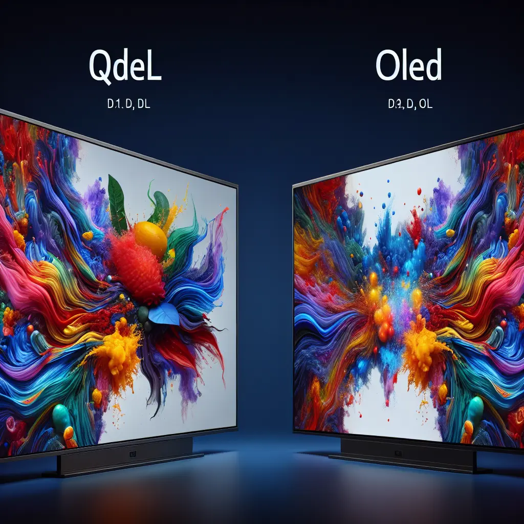 An artistic representation of QDEL technology outshining OLED in a side-by-side comparison