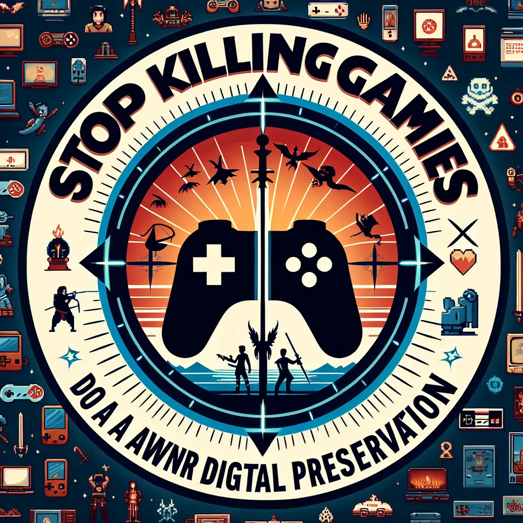 Stop Killing Games campaign logo with a background of various iconic online games