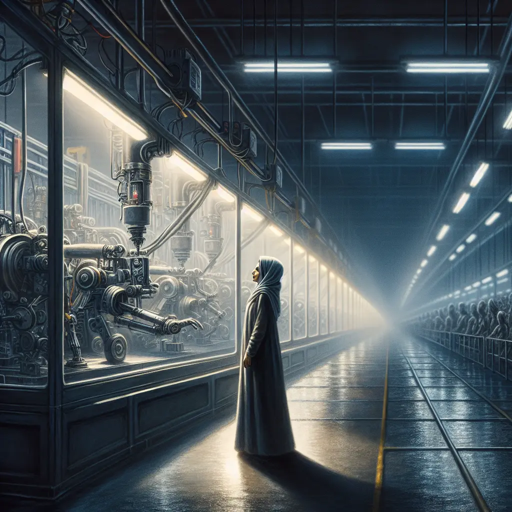 A solitary worker overseeing automated machinery in a dimly lit factory